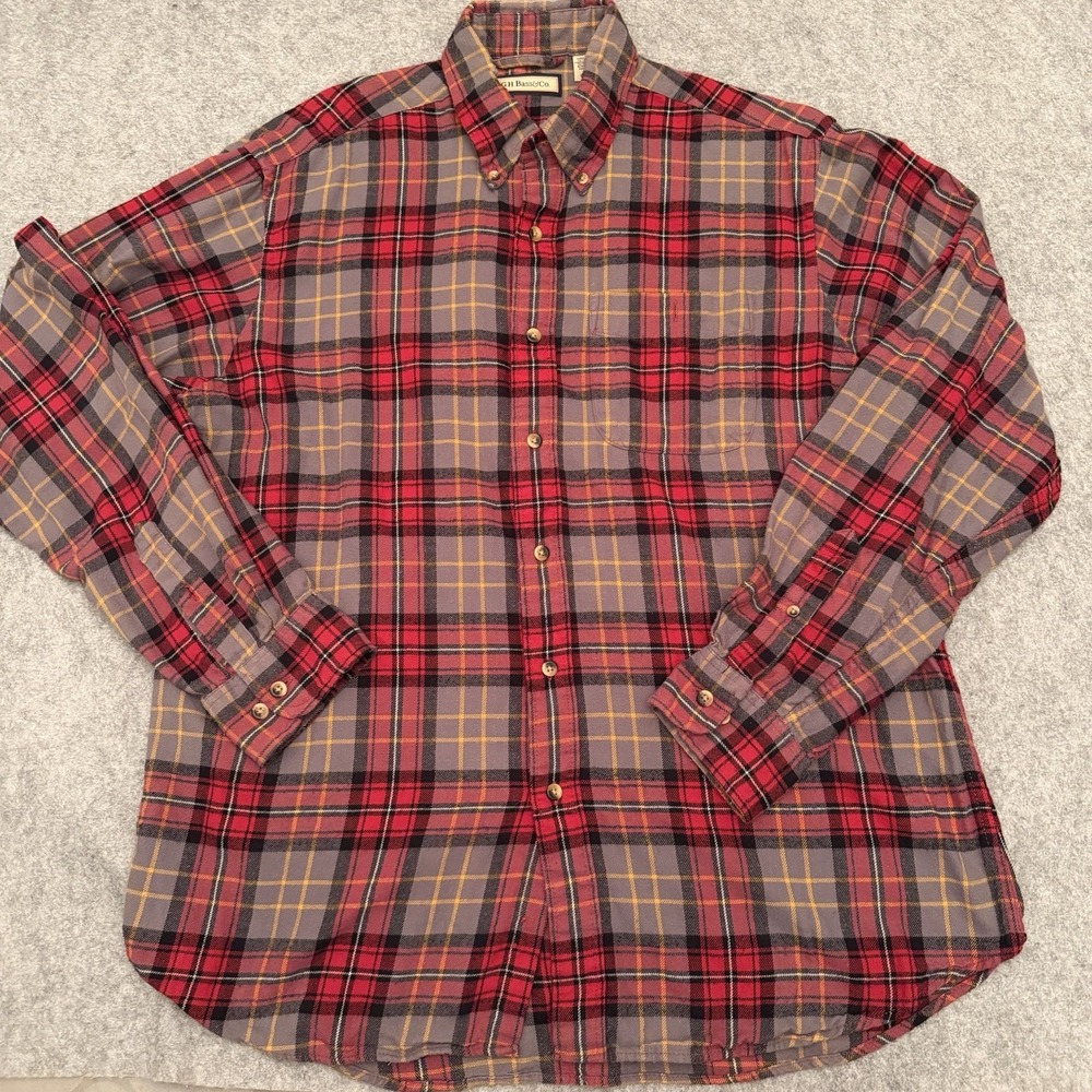 GH Bass & Co Men's Plaid Button Down Long Sleeve Workwear Red Gray Yellow Size L